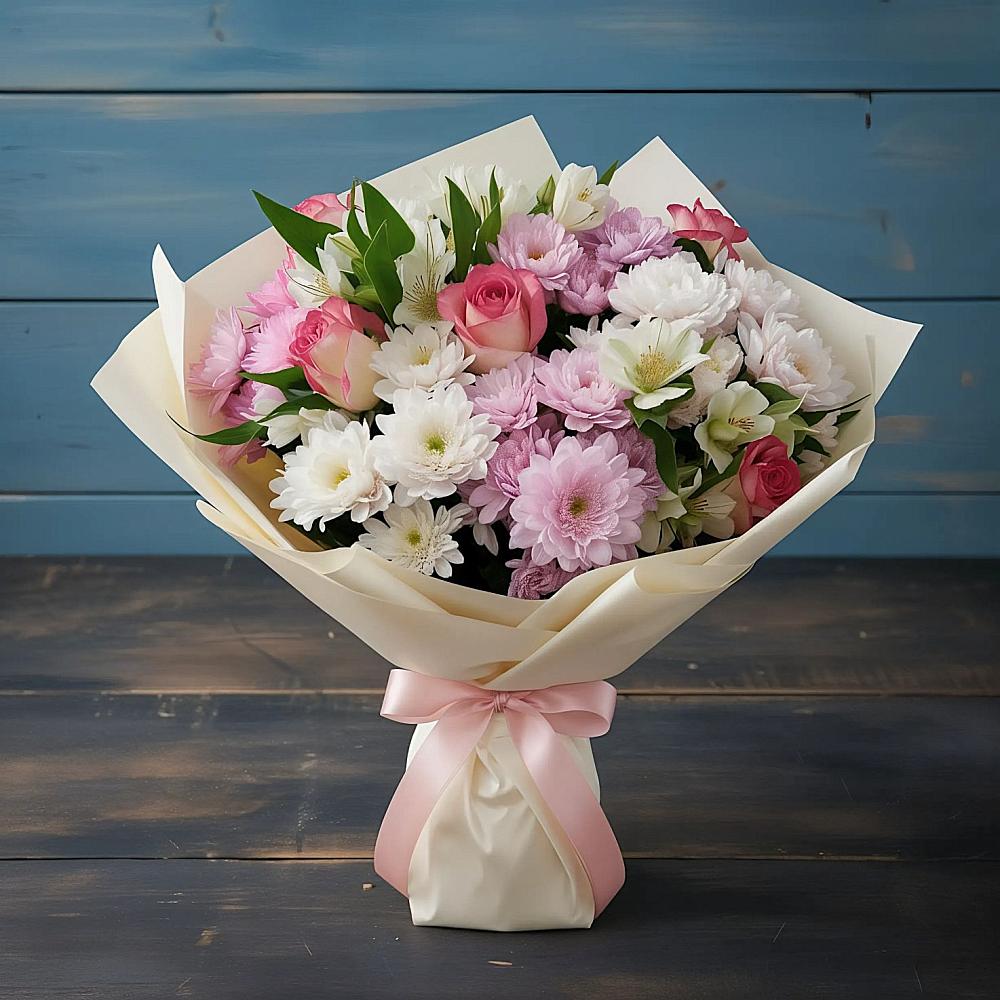 Букет цветов из: Хризантемы, Альстромерии и Розы в Ачинск